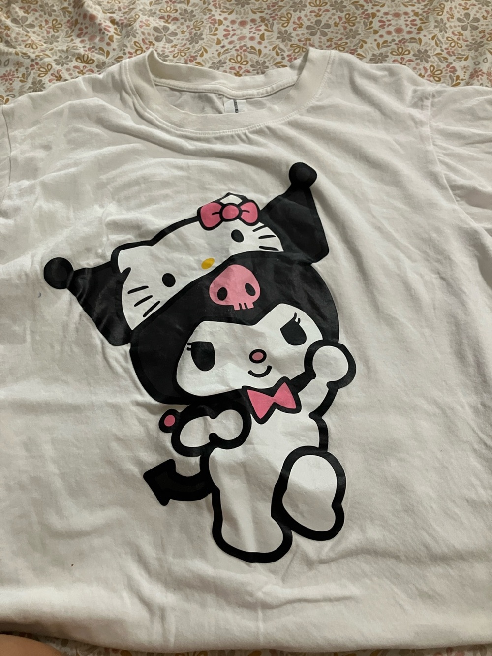 Caribbean White Kids Graphic Tee with Black & Pink Hello Kitty Design